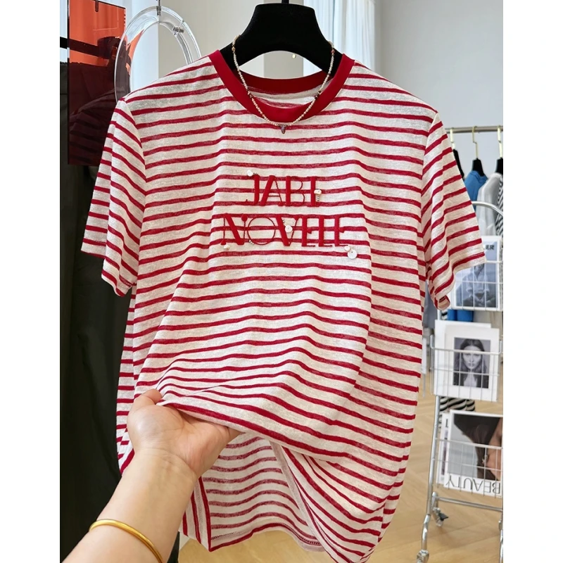 韩系重工刺绣字母条纹短袖t恤夏季宽松半袖超好看洋气单穿上衣ins