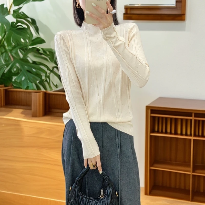 6888新款竖条细闪羊绒长袖针织衫半高领纯色时尚设计感上衣