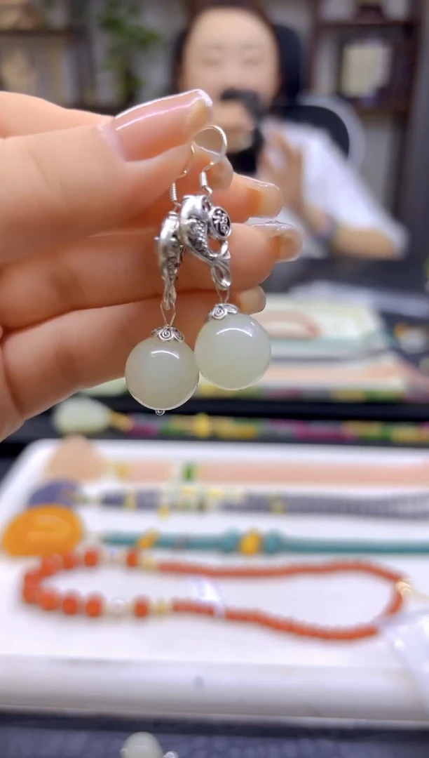 和田玉（白玉）银S925镶嵌耳饰DIY款E783