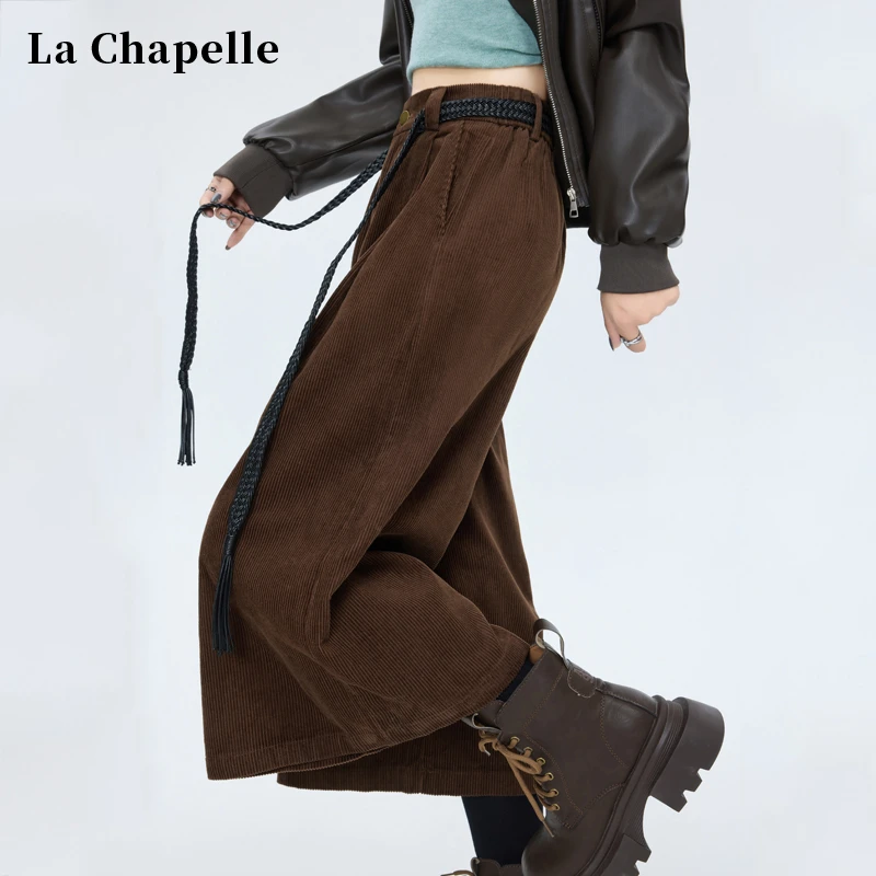 拉夏贝尔灯芯绒七分阔腿裤女秋冬编织腰带美拉德咖色八分直筒靴裤