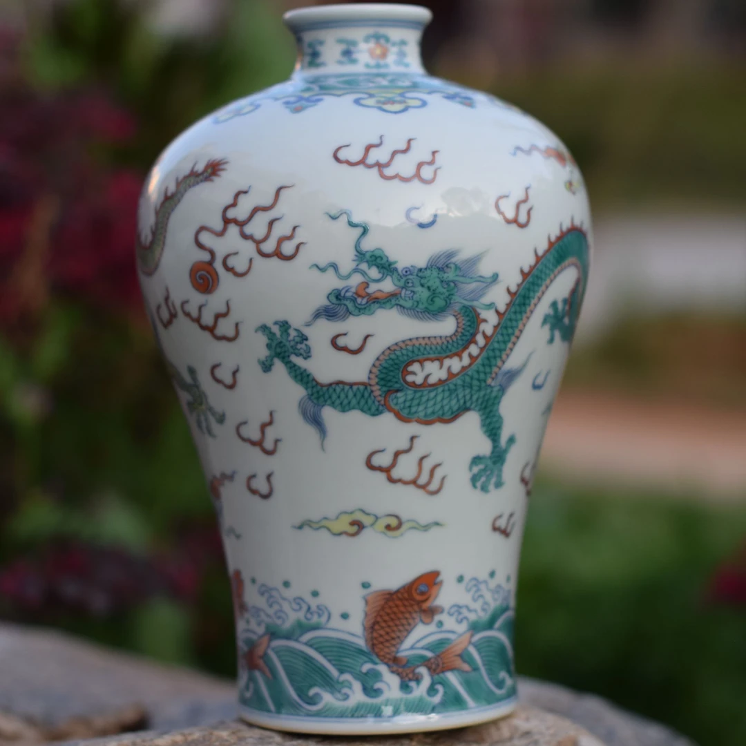珽珽茶器【涂杏花】斗彩双龙戏珠梅瓶 高22.5cm 瓷器茶周边