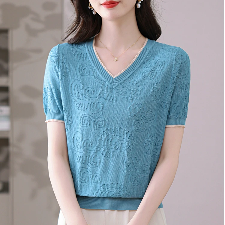 夏季新款天丝v领提花短袖宽松显瘦时尚百搭减龄薄款小衫7959