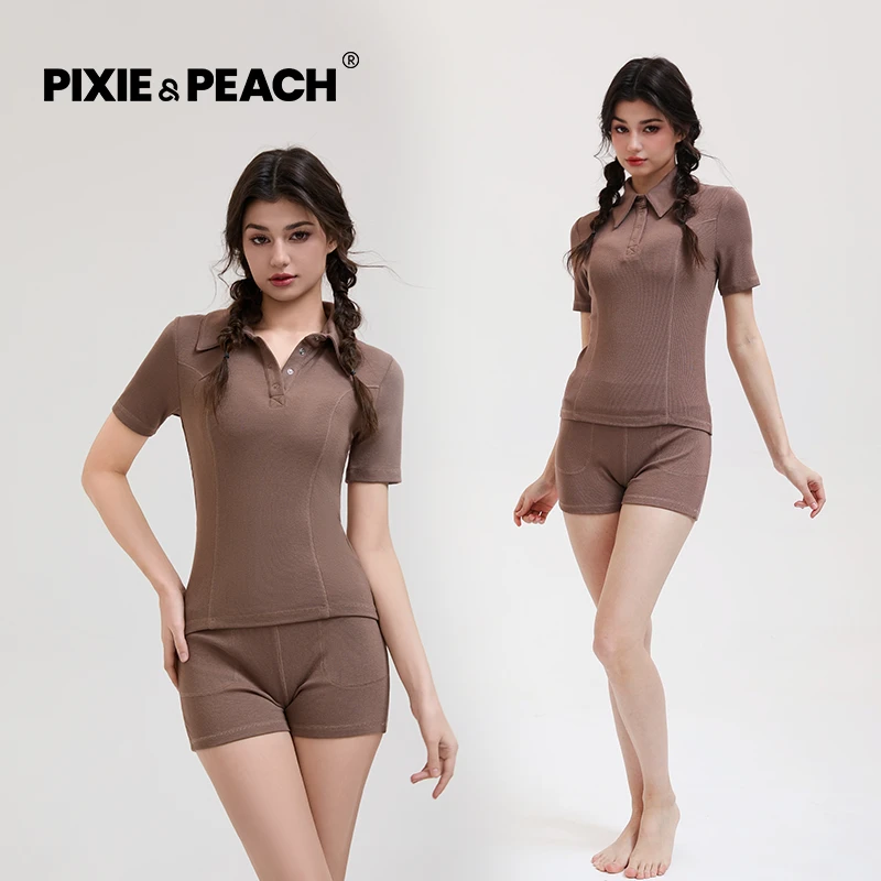 Pixie&Peach  kiss chase熟女气质优雅棕休闲短裤套装