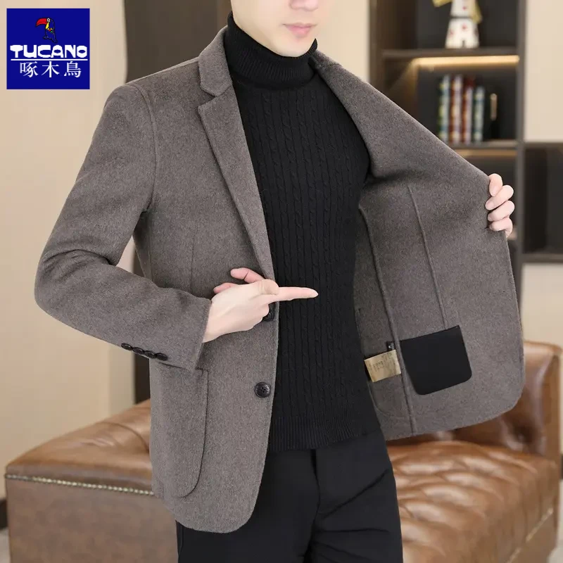 啄木鸟羊毛西服男士双面毛呢秋冬季休闲外套百搭呢子小西装高档