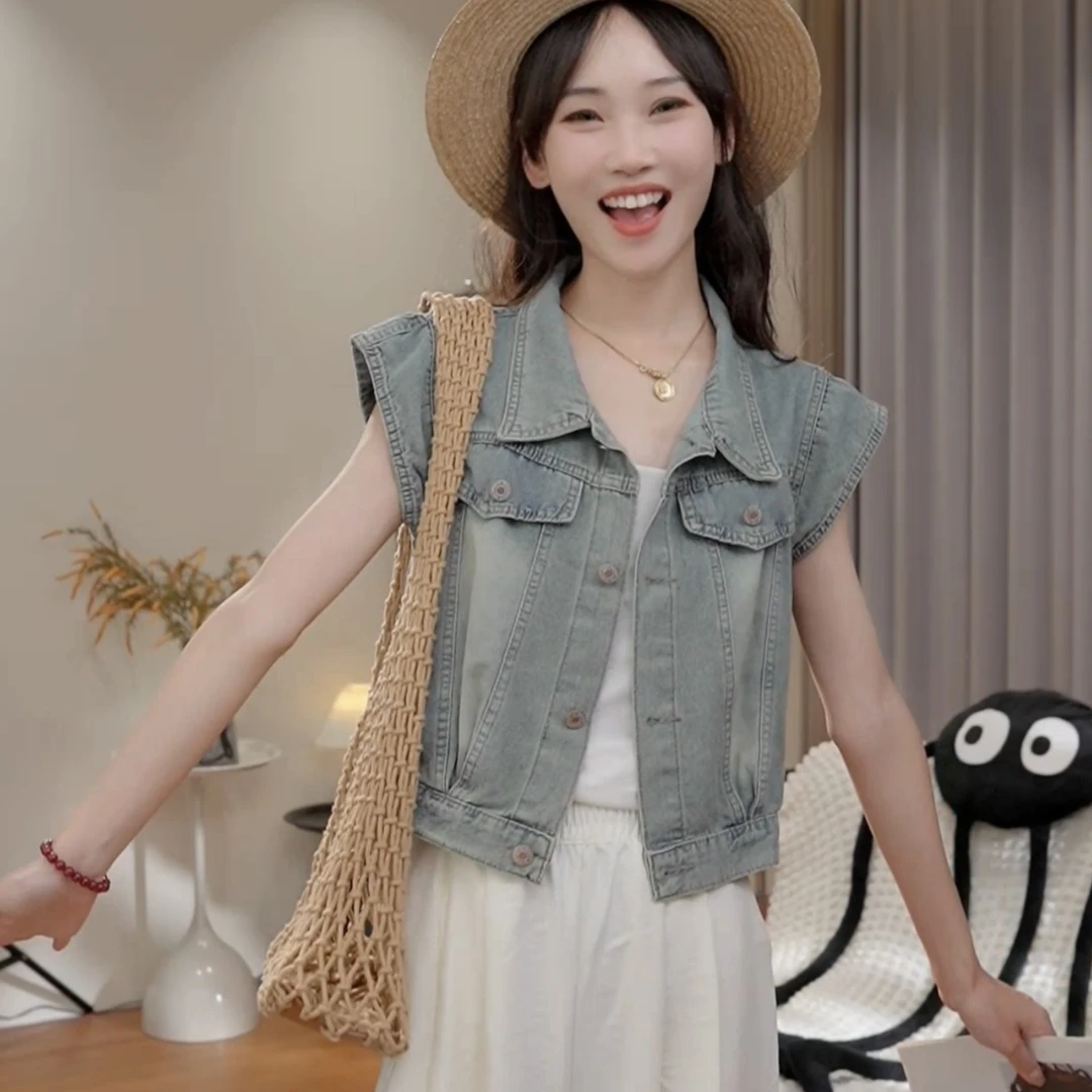 港风复古牛仔马甲女士短款春秋2025新款韩版显瘦无袖背心坎肩马夹