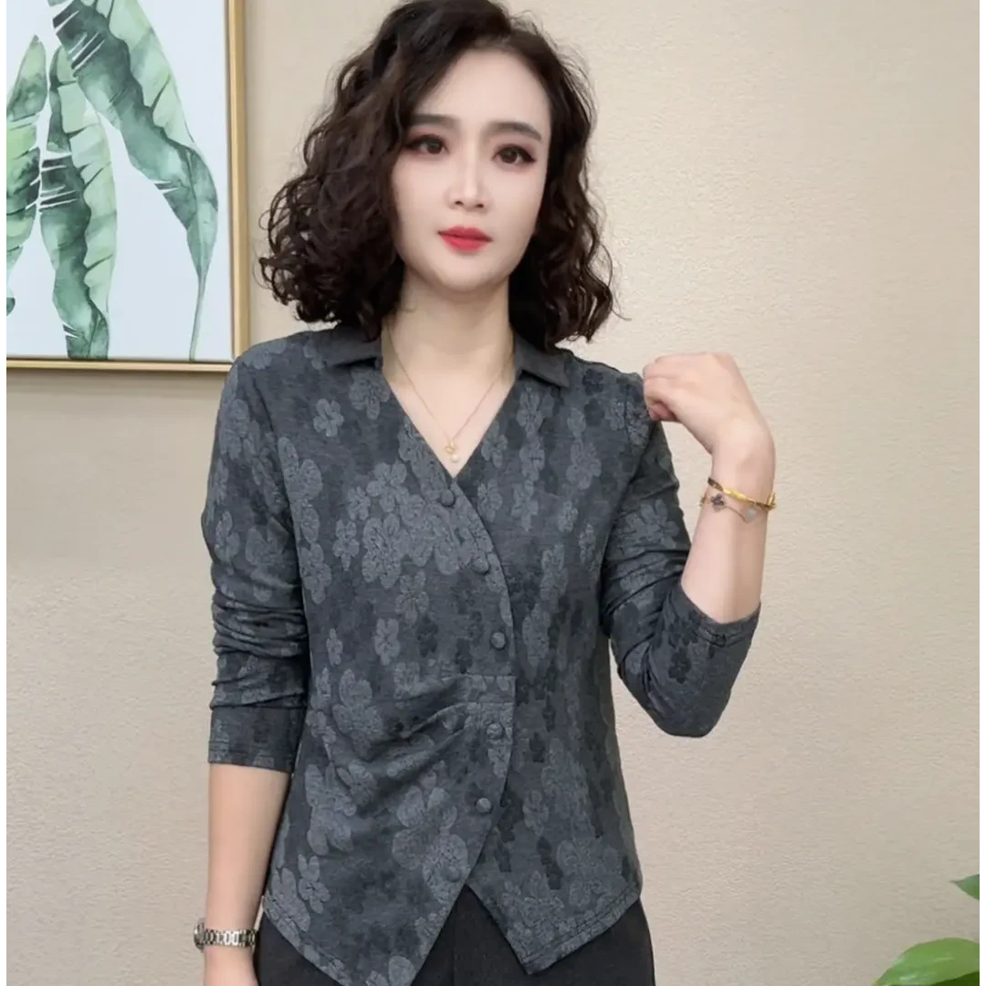 2025秋季新款气质时尚洋气扎染翻领印花长袖设计感女士上衣#74152