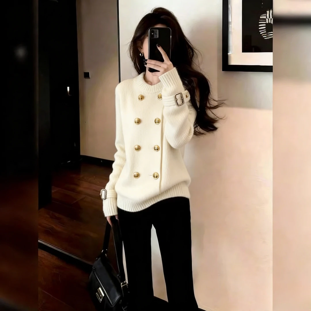 美式复古风时尚百搭休闲随性松弛杏色毛衣外套女2026冬双排扣开衫