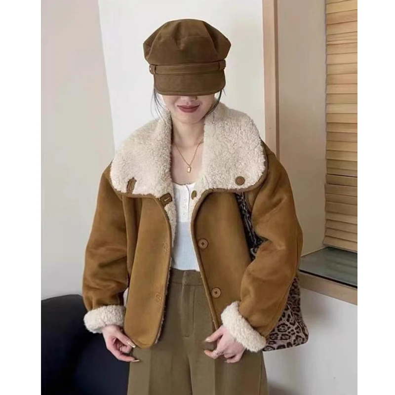 冬季新款2025韩系两面穿翻领百搭外套加绒加厚高级感毛毛短外套女