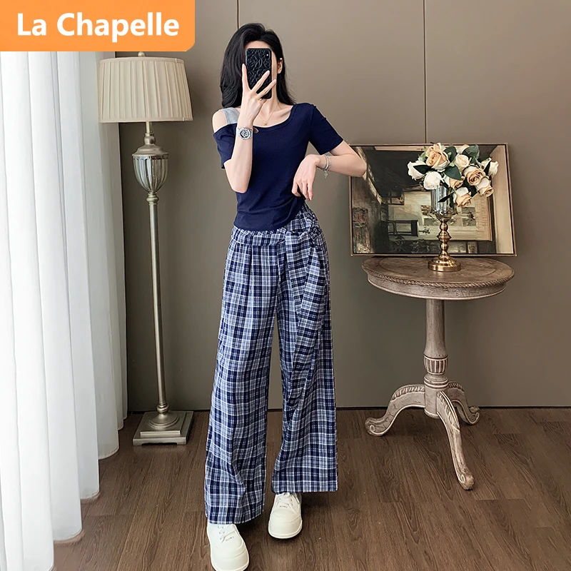 拉夏贝尔法式风气质女神套装夏季设计感短袖露肩上衣格子长裤两件