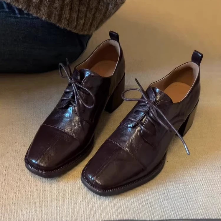 牛皮版~方头高跟小皮鞋系带单鞋女复古风深口百搭黑色乐福鞋