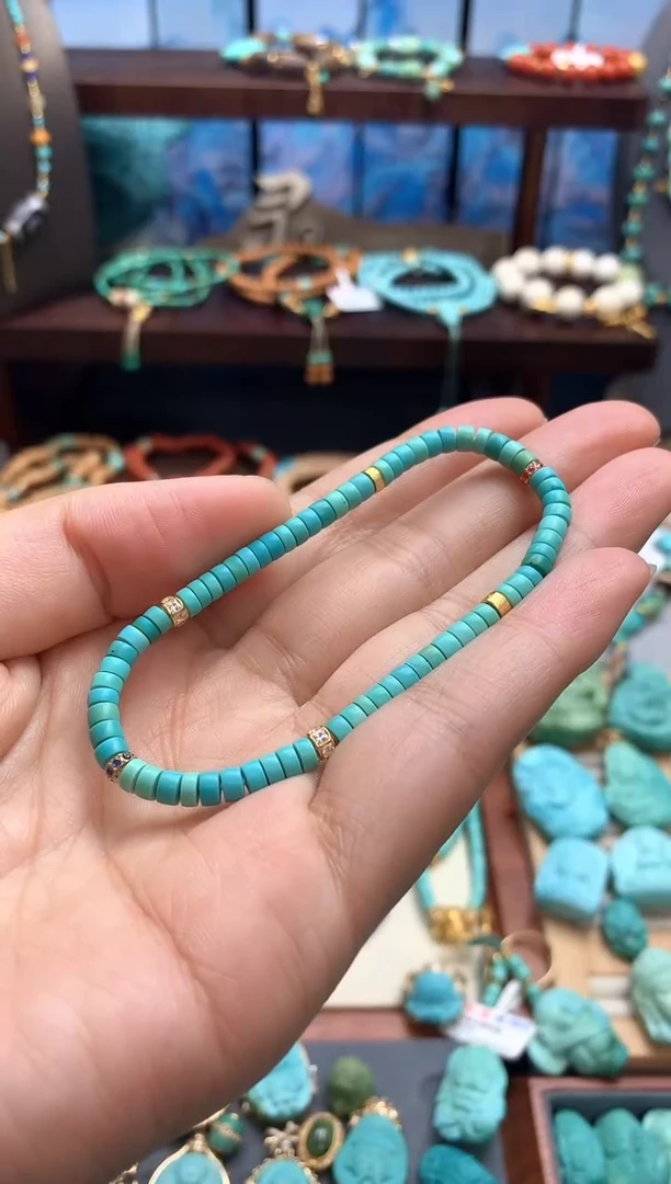 18K金镶嵌绿松石手链高瓷绿松石直切手串