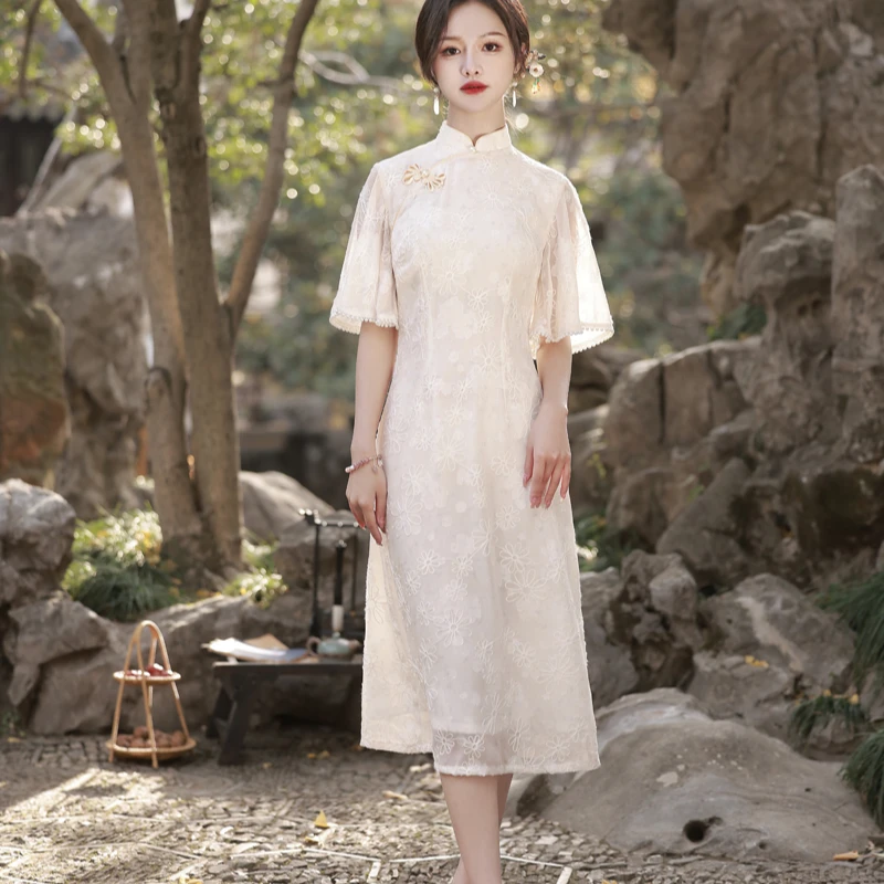 苏仙子【海棠】25爆款夏季推荐剪花雪纺绣花改良奥黛旗袍 衣长120