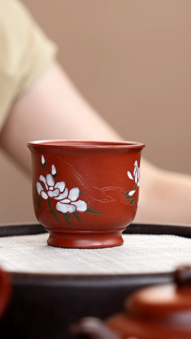 茶壶紫砂朱泥主人杯彩刻白牡丹