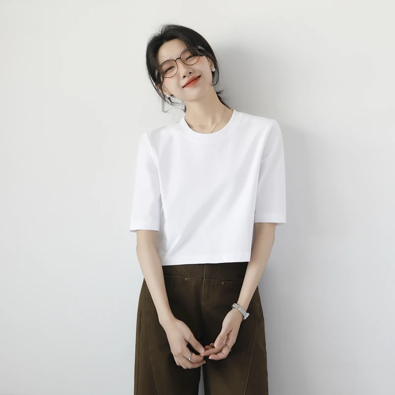 露脐短款圆领t恤女五分中袖正肩棉质外穿宽松通勤体恤杉高腰上衣