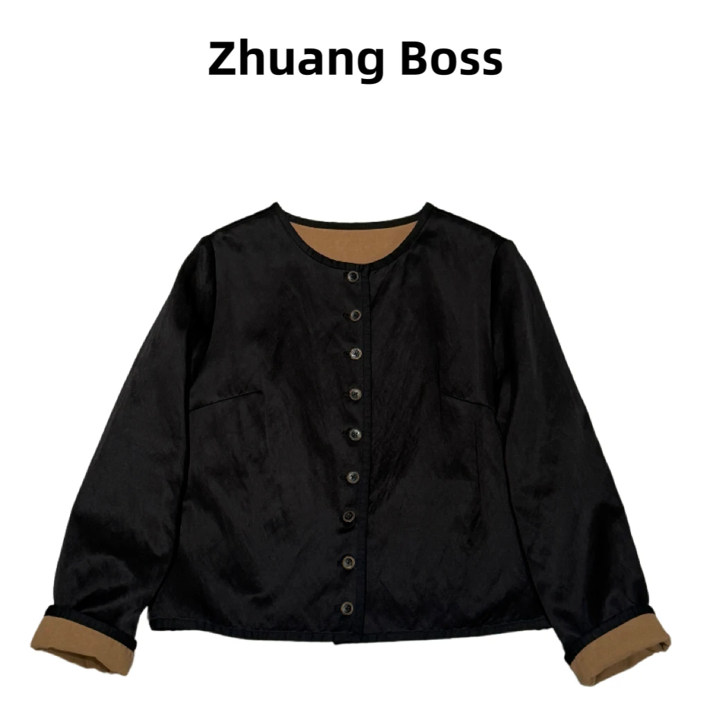 ZHUANG BOSS 2025秋圆领复古木扣中式两面穿记忆棉短款小外套3026