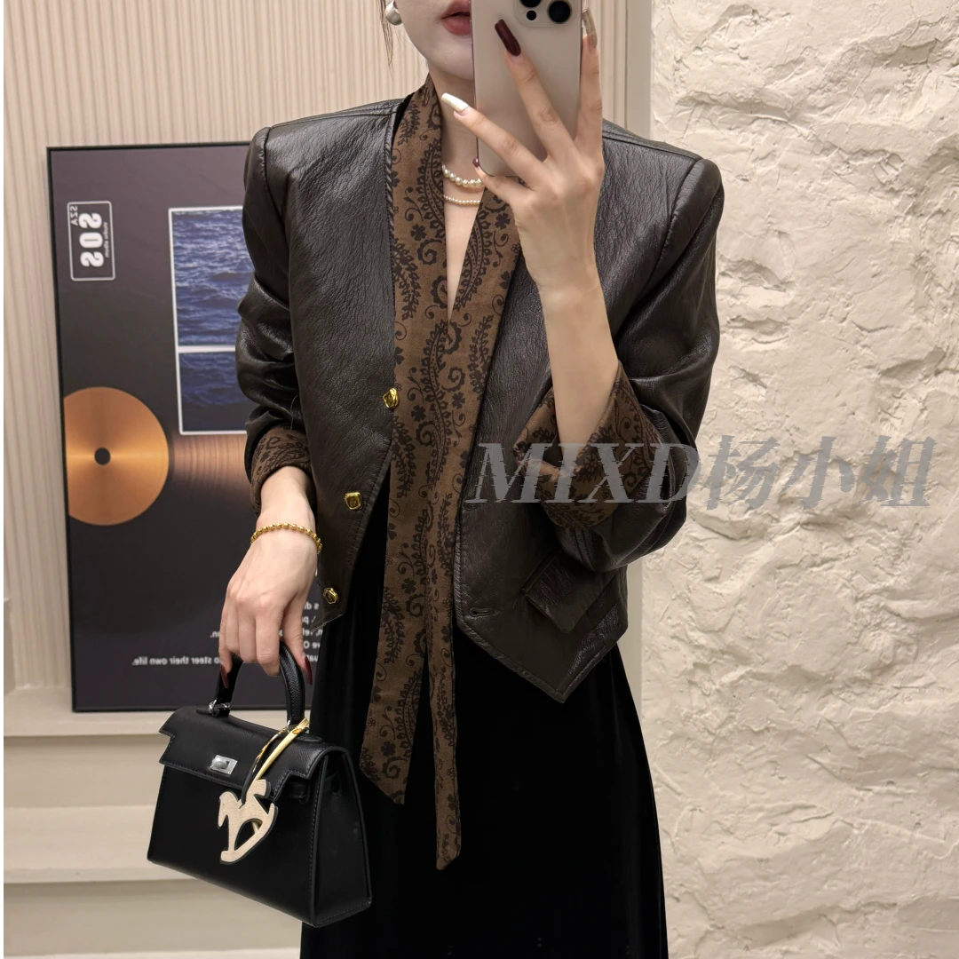 【MIXD杨小姐定制】2025秋款飘带V领法式气质质感小香皮衣外套