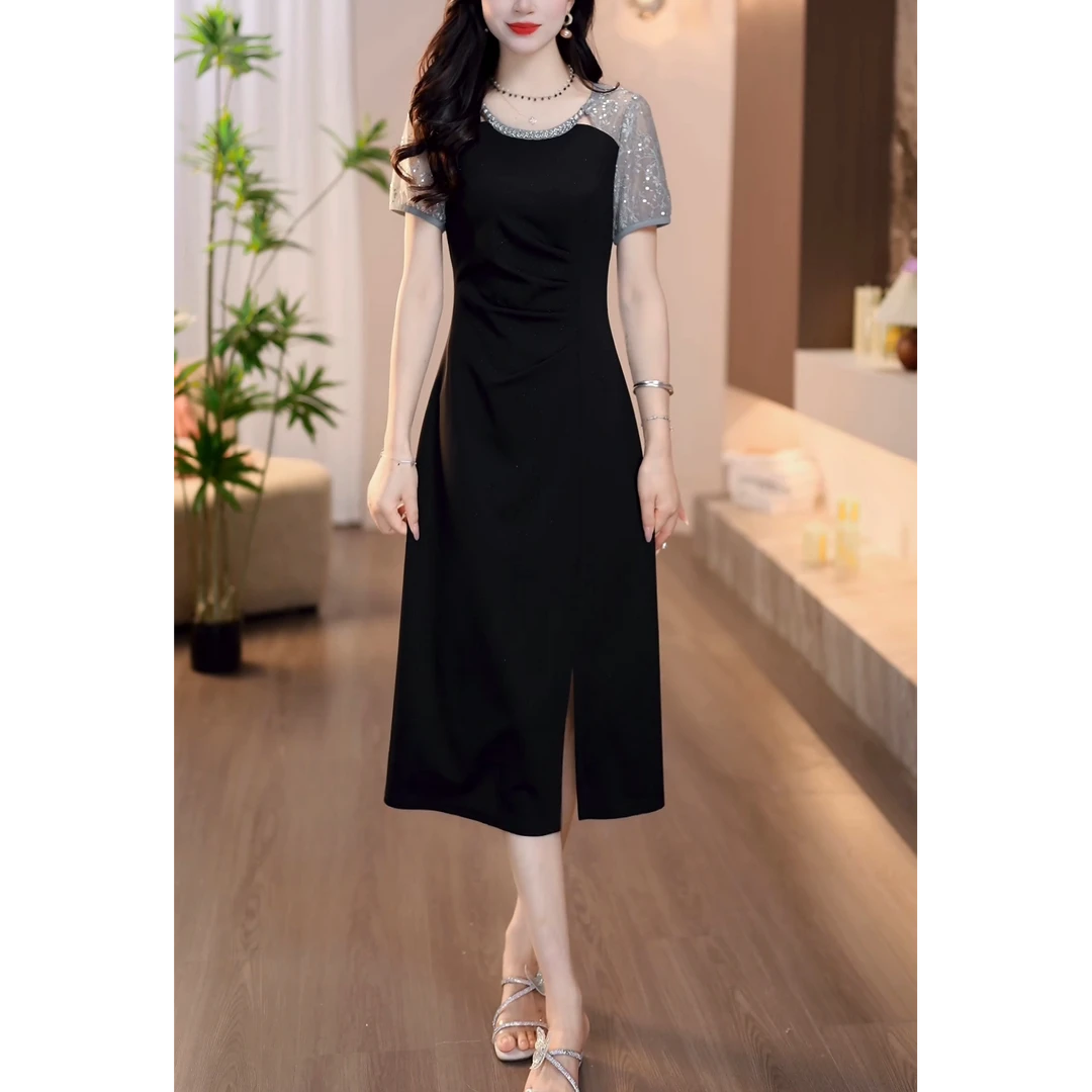 时尚减龄假两件短袖连衣裙女夏季新款高级感收腰显瘦开叉中长裙子