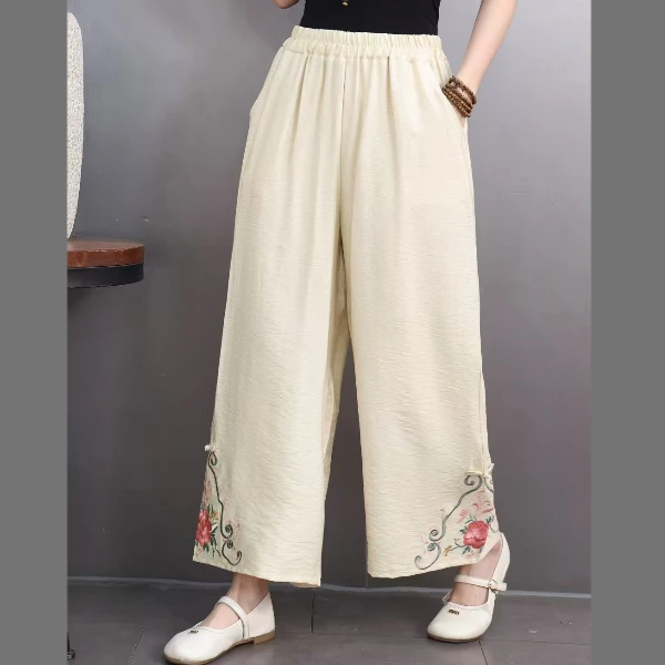 新中式复古绣花阔腿裤2025女夏季高腰显瘦时尚百搭垂感休闲裤6893