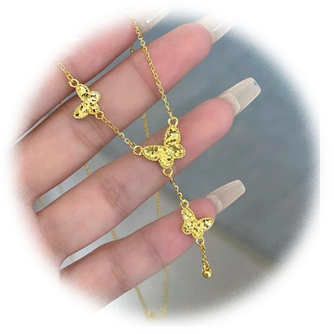 铜合金仿水晶项链 龙鳞三蝴蝶项链气质轻奢时尚百搭金色仙女简约