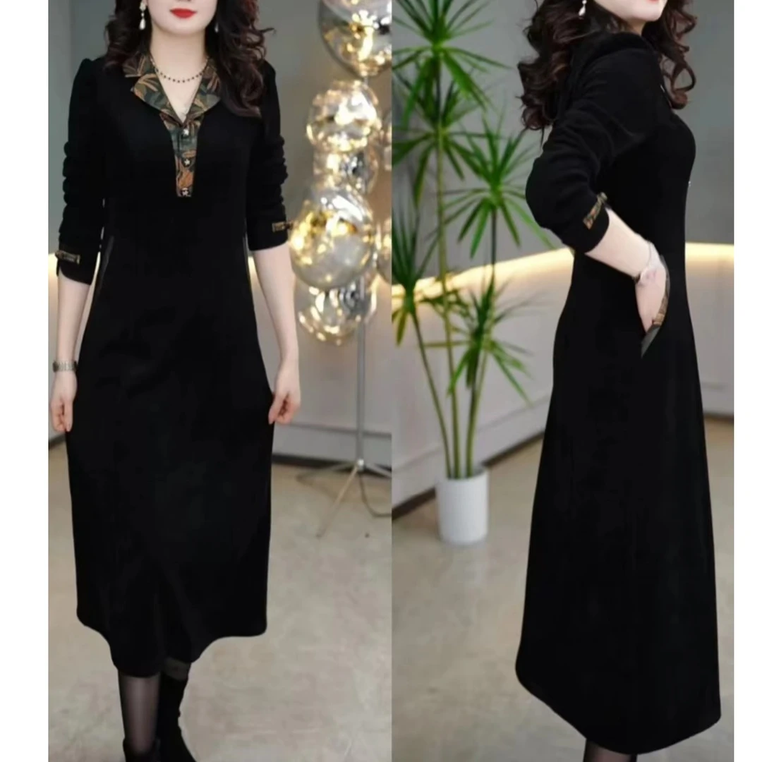 2025秋冬新款时尚显瘦洋气百搭气质长黑色袖连衣裙收腰中长款修身