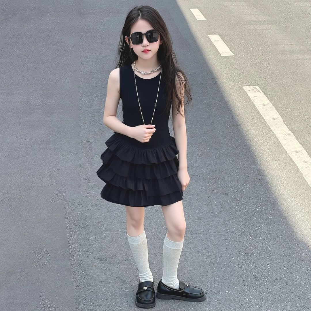 女童气质连衣裙夏季儿童女宝宝纯色蛋糕裙精梳棉休闲风女孩背心裙