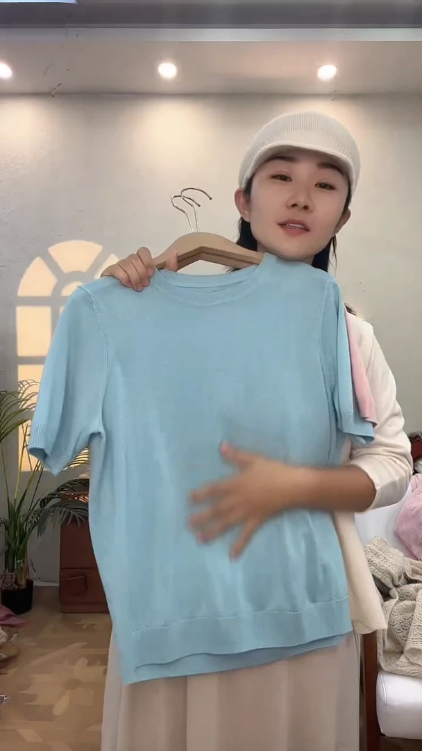 蚕丝羊绒圆领半袖蓝XL