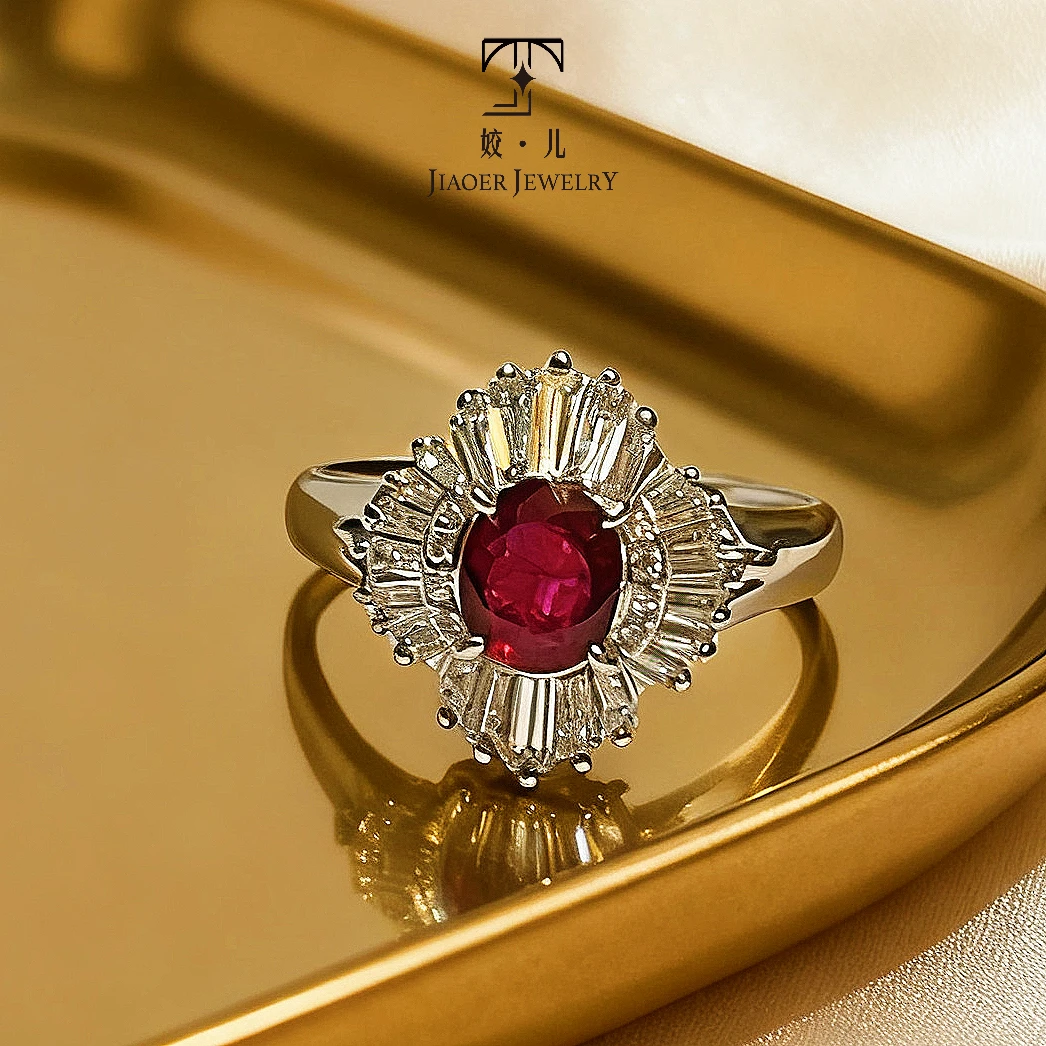 【姣儿港展】PT900铂金77分鸽血红宝石戒指钻石90分时尚豪华满钻