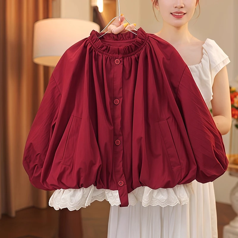 女童蕾丝边花苞外套2025新款春秋款中大童红色女童卡通格子冲锋衣