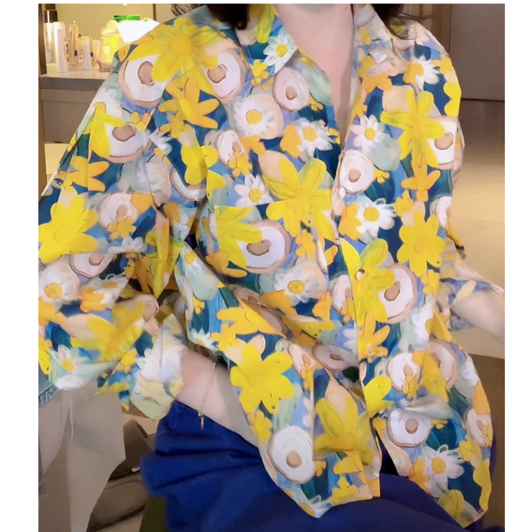 油画长袖衬衫小众设计感2025春季新款时尚复古港风气质轻奢衬衣