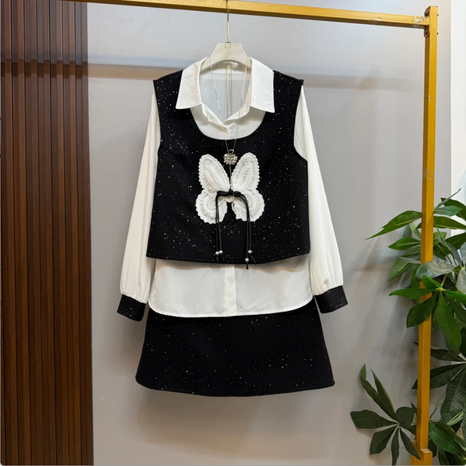 新款大码女装时尚洋气亮闪闪蝴蝶结设计马甲十衬衫十短裙三件套