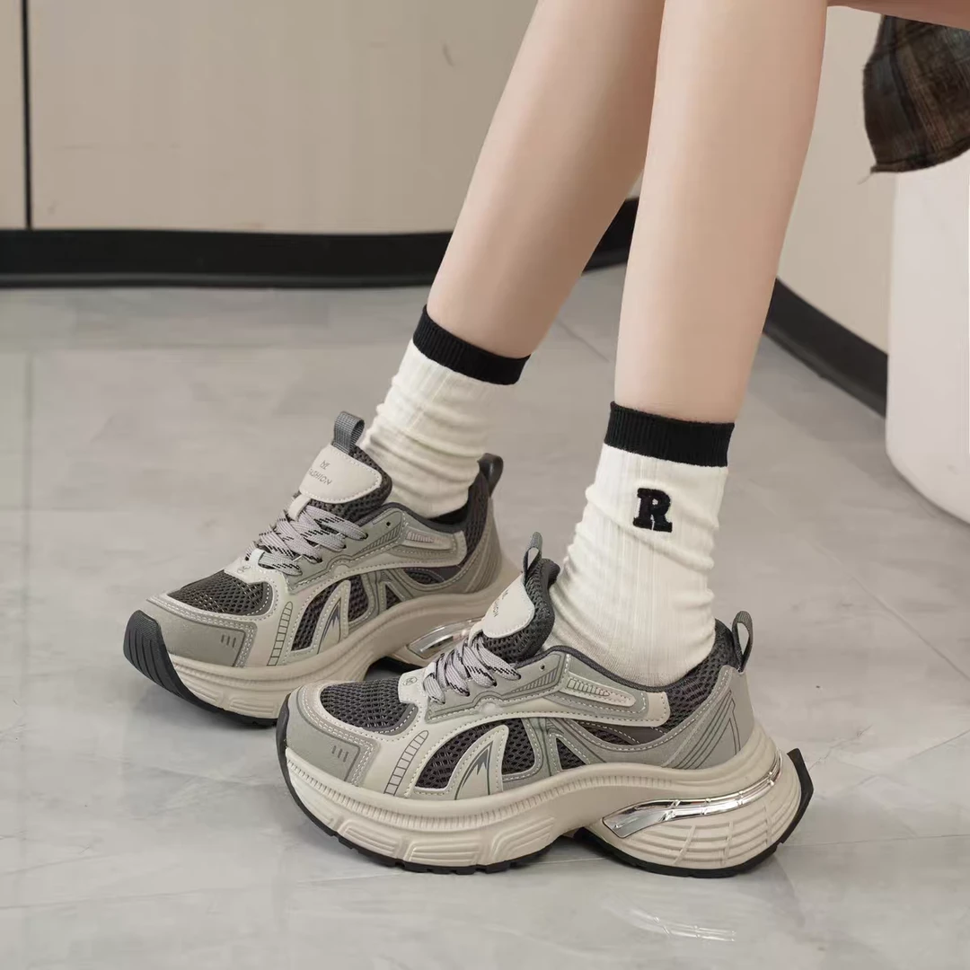 真皮厚底时尚水泥灰老爹鞋女鞋2025春季新款运动休闲鞋增高跑步鞋