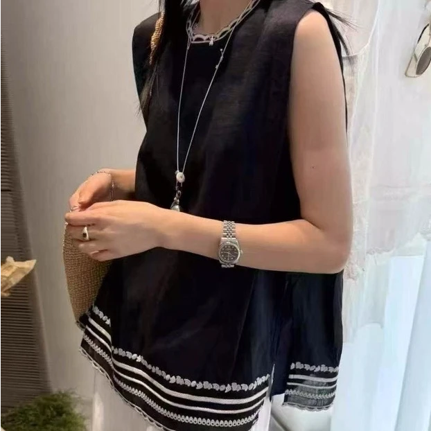 007980夏季百搭休闲下摆重工刺绣无袖上衣