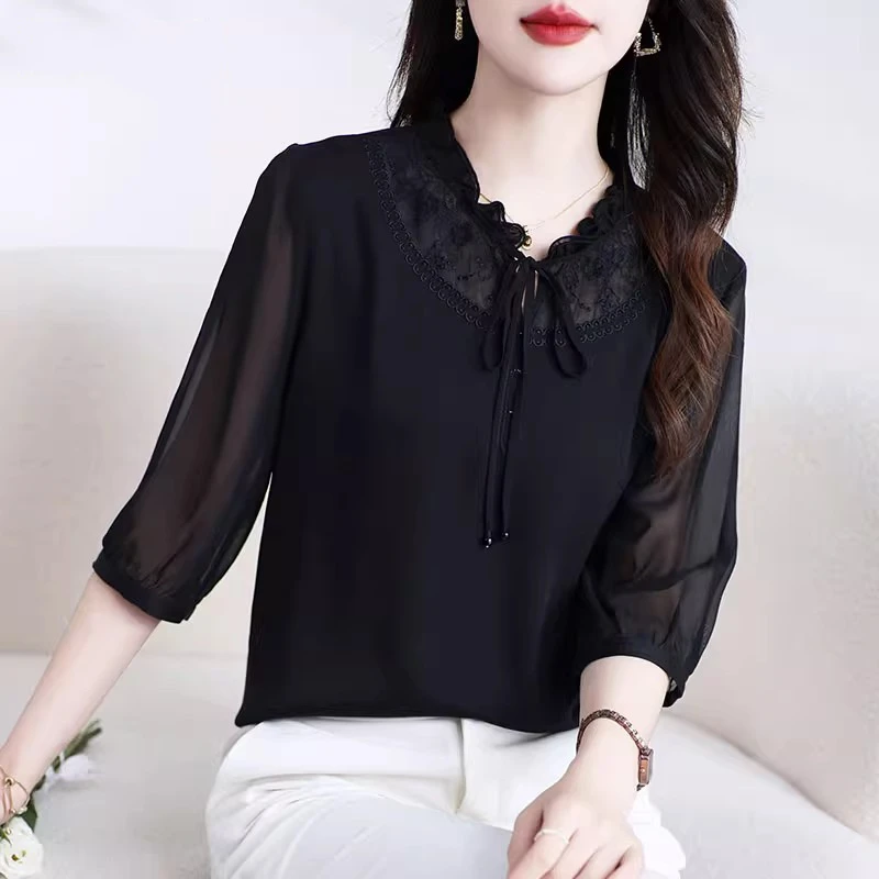 夏季新款真丝衬衫女黑色百搭五分袖气质蕾丝木耳边显瘦桑蚕丝上衣