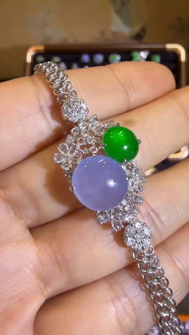 【闪购商品】翡翠手链18K金镶嵌帝王绿梦幻紫双蛋面