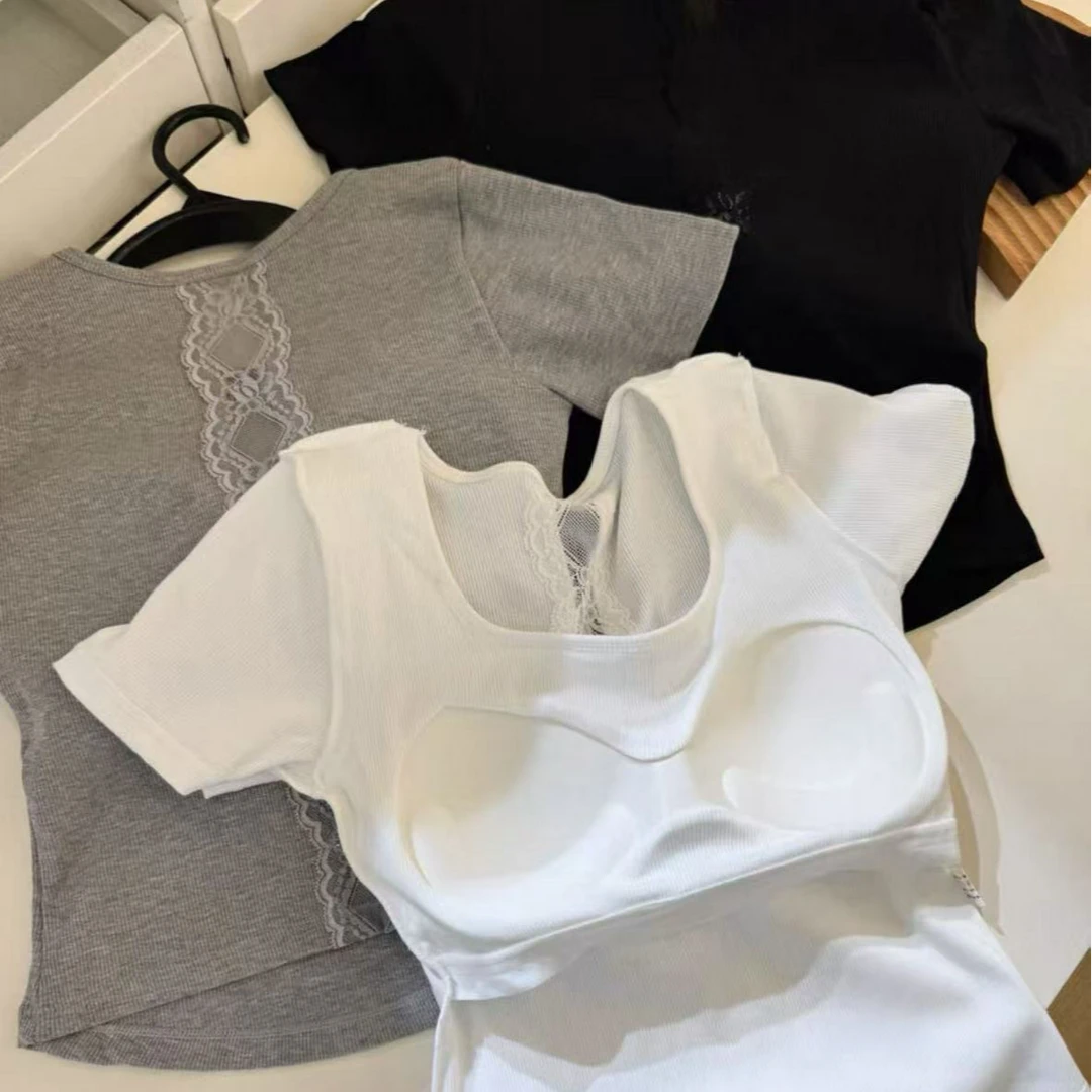 后背蕾丝镂空方领带胸垫百搭修身短袖 2537