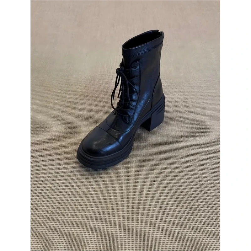 羊皮版~2025新款复古风圆头粗跟系带后拉链百搭舒适软底马丁靴女