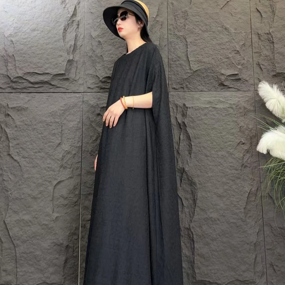 多色休闲阔版百搭大斗篷显瘦圆领连衣裙8540