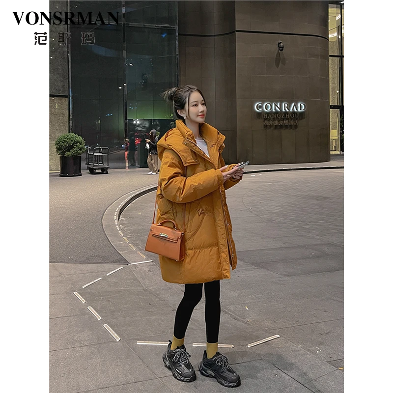 橘色中长款羽绒服女2025冬季韩版时尚洋气连帽加厚保暖白鸭绒外套