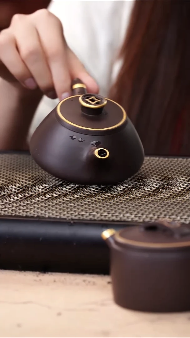 茶壶紫砂四号井茄皮紫泥描金钱币钮飞把石瓢160cc
