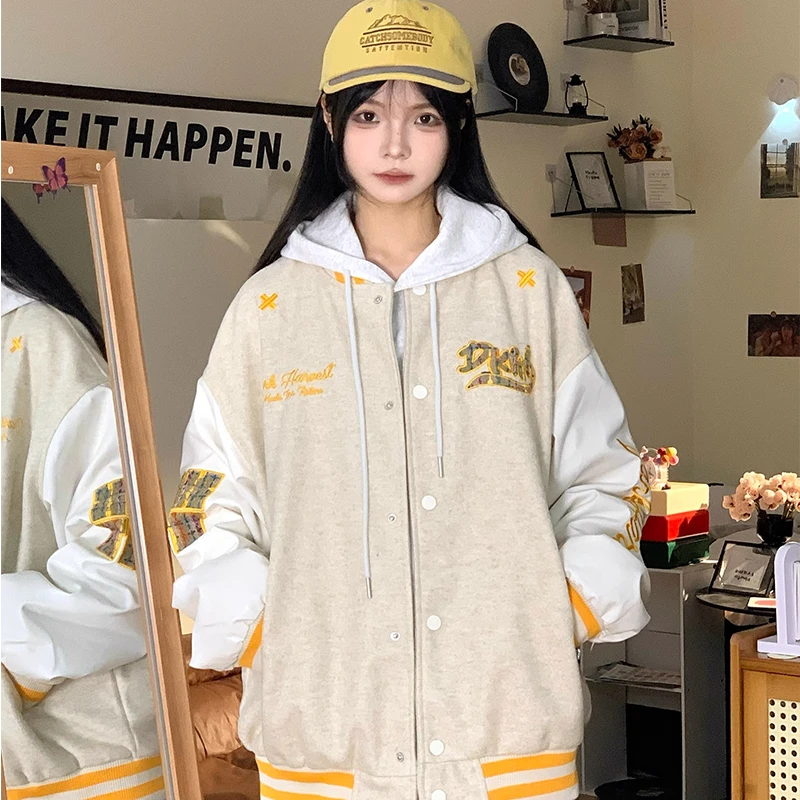 美式复古撞色刺绣棒球服女秋天外套设计感小众宽松情侣上衣夹克潮
