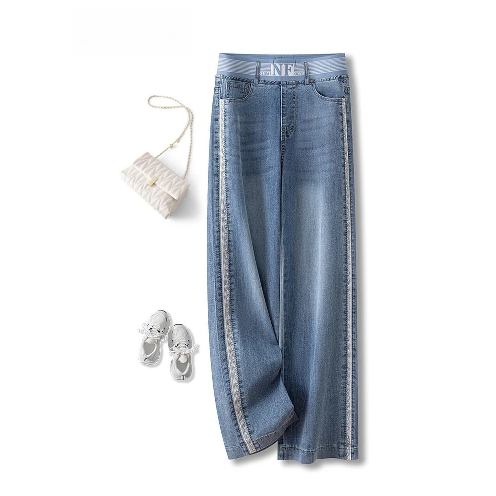 松紧腰阔腿牛仔裤女2025夏季新薄款宽松九分百搭直筒小个子八分裤