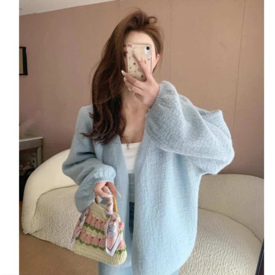 秋季新款树皮纹泡泡袖短款外套慵懒风宽松针织开衫女TT