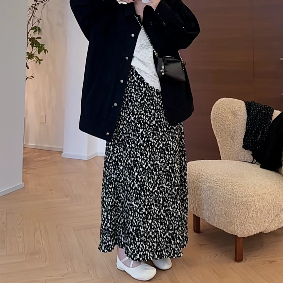 【瘦瘦】春秋单色肌理感松紧腰碎花百搭高腰显瘦半身裙S01273