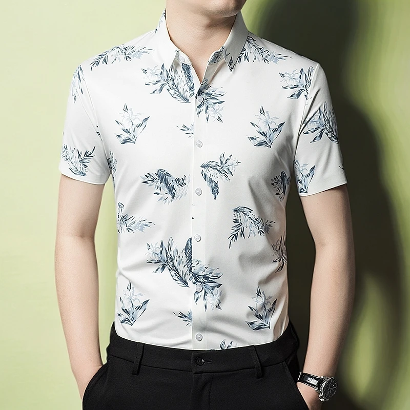 专柜同款夏季印花薄款免烫处理男短袖衬衫男高档中年男士休闲衬衫