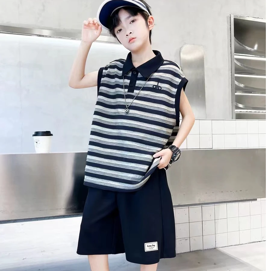 这也太帅啦~潮童韩版夏季中大童简约透气条纹polo衫套装休闲00261