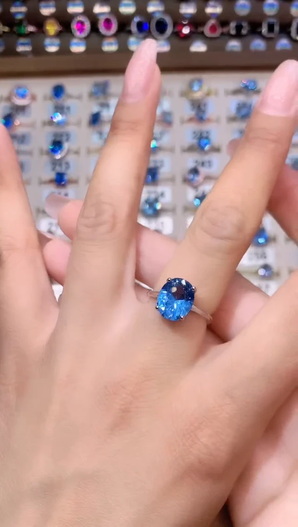 海蓝宝石戒指银S925镶嵌银色911