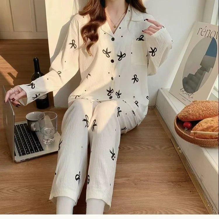 新款睡衣女春秋季云朵棉春秋款翻领长袖长裤开衫套装家居服