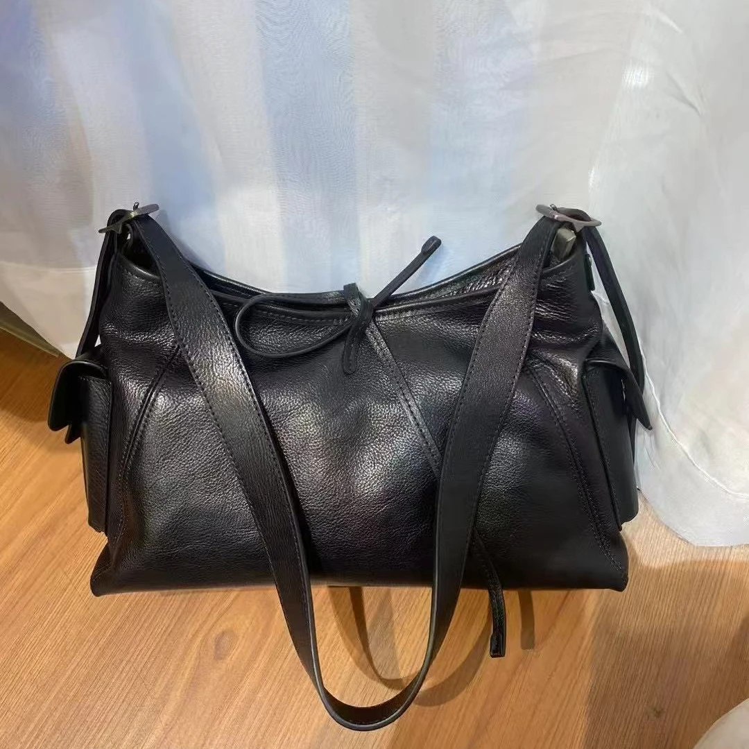 新款纯黑机车包黑武士托特腋下包单肩斜挎真皮大容量通勤女包