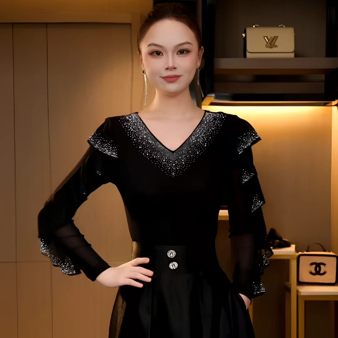 DY25Q-6293秋季法式网纱烫钻拼接时尚百搭复古上衣