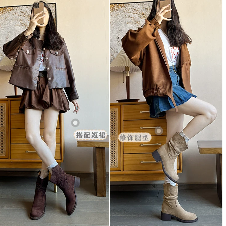 内增高旅游堆堆靴女穿搭复古风小个子粗跟显瘦中筒马丁靴8CM时尚